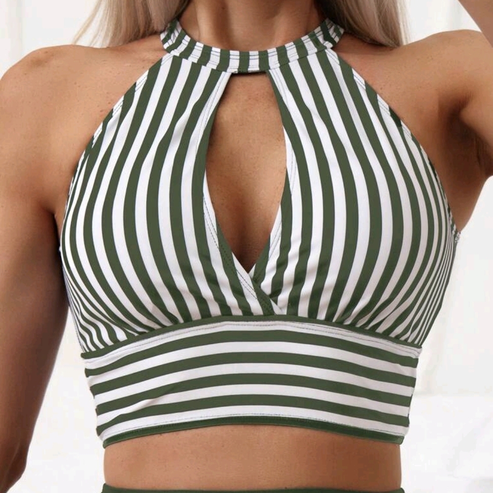 Swim Lushoire Summer Beach Striped Halter High Waisted Bikini